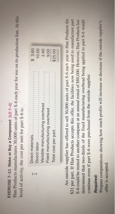  EXERCISE 7-11 Make or Buy a Component [L0 7-3] Han Products