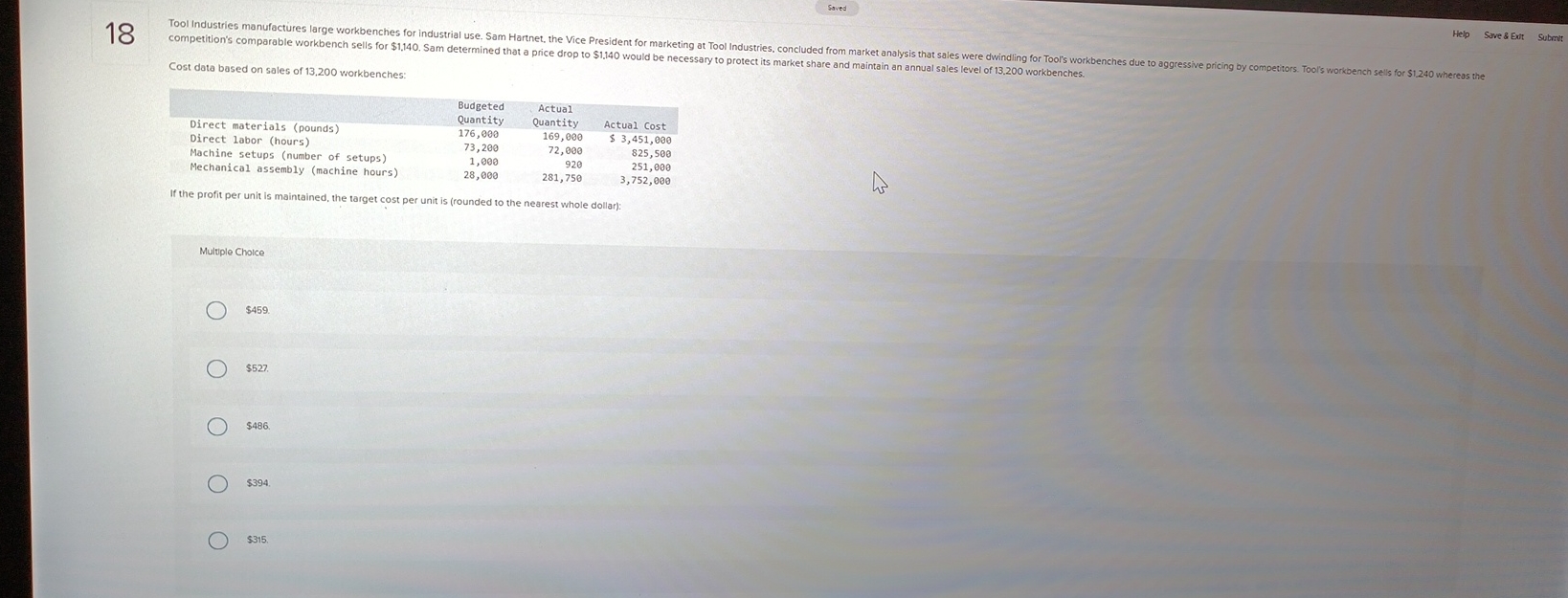  18 competition's comparable workbench sells for $1,140. Sam determined that a