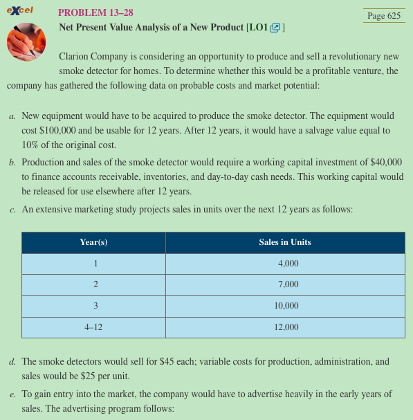 excel PROBLEM 13-28 Net Present Value Analysis of a New Product