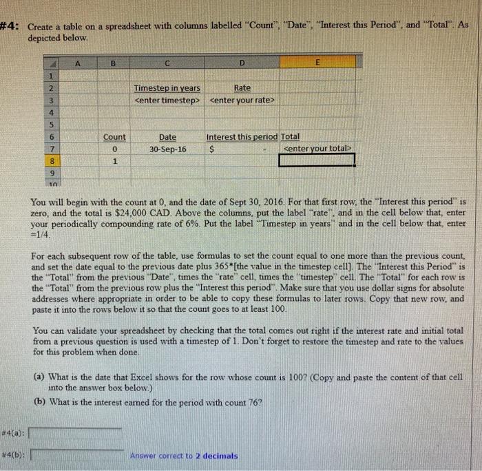  #4: Create a table on a spreadsheet with columns labelled "Count":