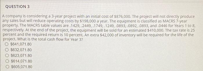 QUESTION 3 A company is considering a 3-year project with an