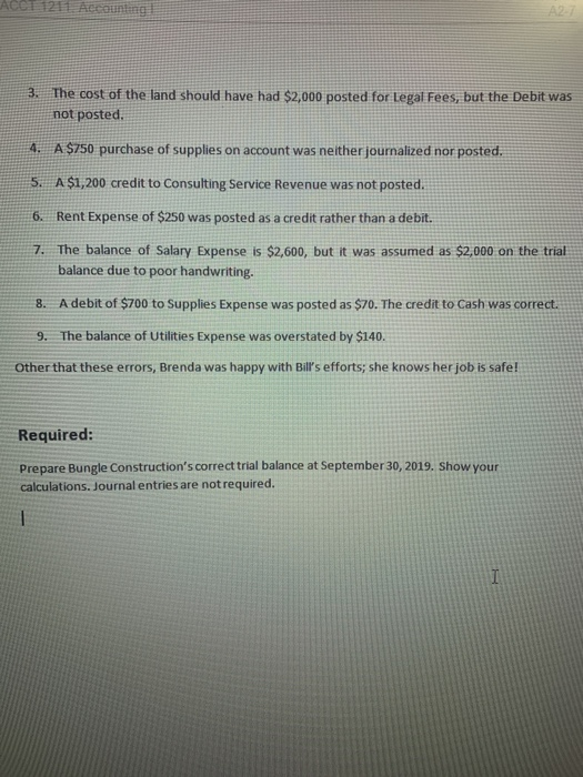Bill Bungle attempted to produce a trial balance, and his trial balance