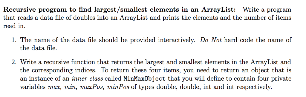 Recursive program in Java to find largest/smallest elements in an ArrayList: Write