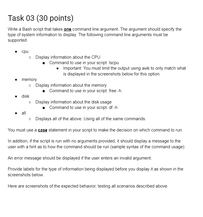  Task 03(30 points) Task 04(40 points) Write an interactive Bash script