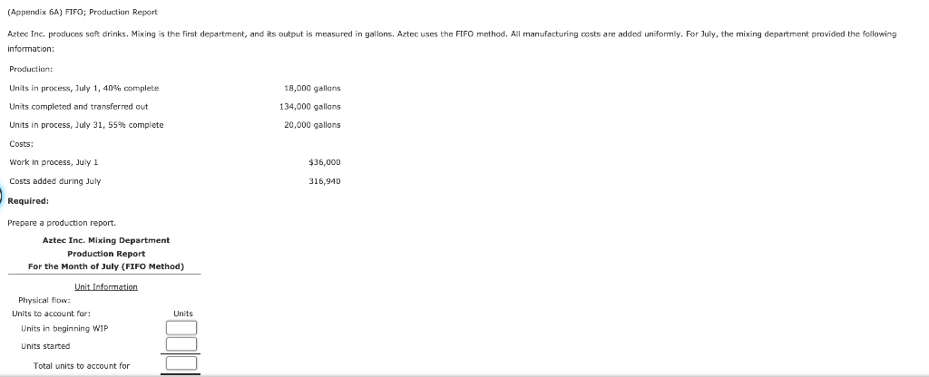 (Appendix 6A) FIFO; Production Report Aztec Inc, produces soft drinks, Mixing