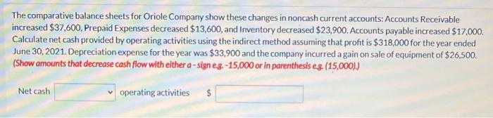  The comparative balance sheets for Oriole Company show these changes in