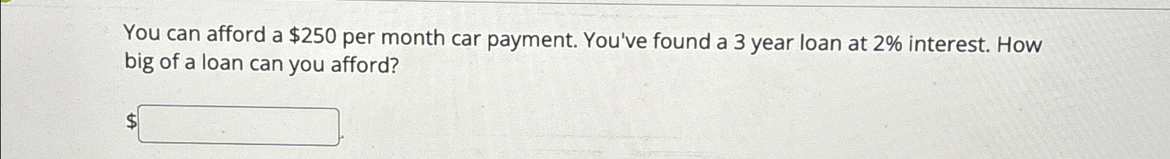  You can afford a $250 per month car payment. You've found