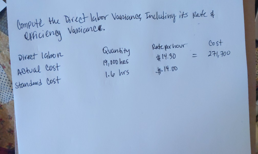  euth, the Direct labor Variance, including its pate & efficiency Variance.