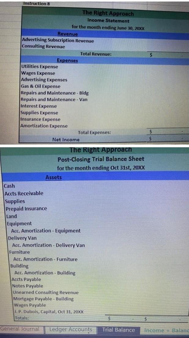 Cash Accounts Receivable Supplies Prepaid Insurance Land Equipment Accumulated Amortization: Equipment Delivery
