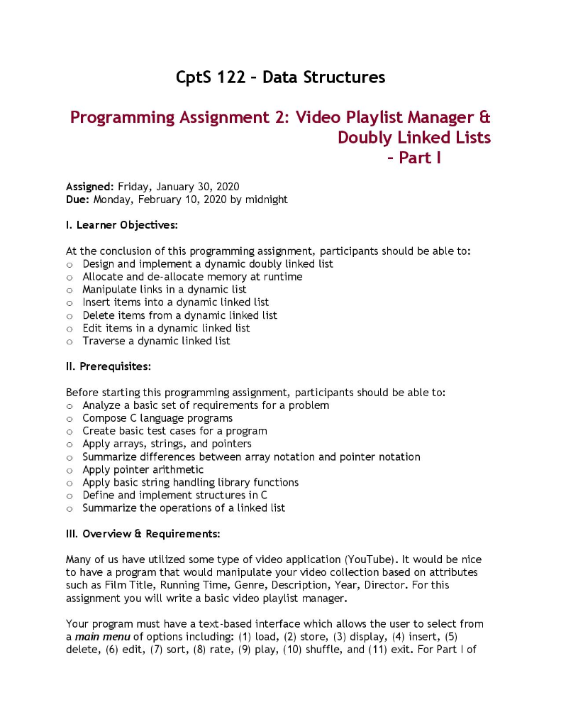  Cpts 122 - Data Structures Programming Assignment 2: Video Playlist Manager
