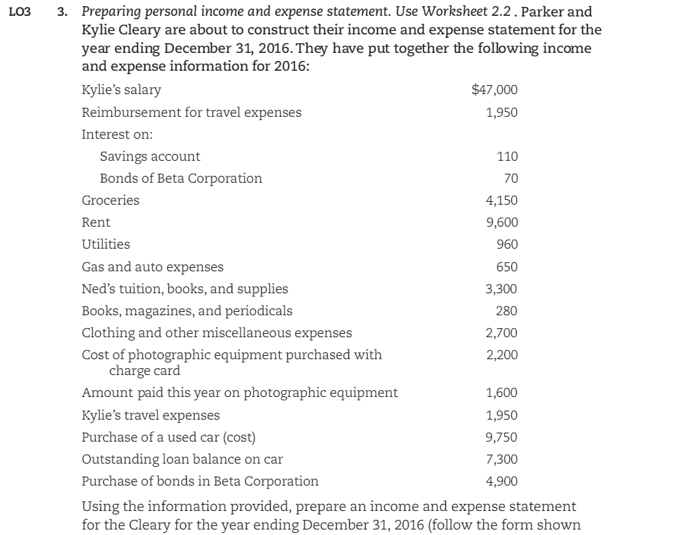  Using the information provided, prepare an income and expense statement for