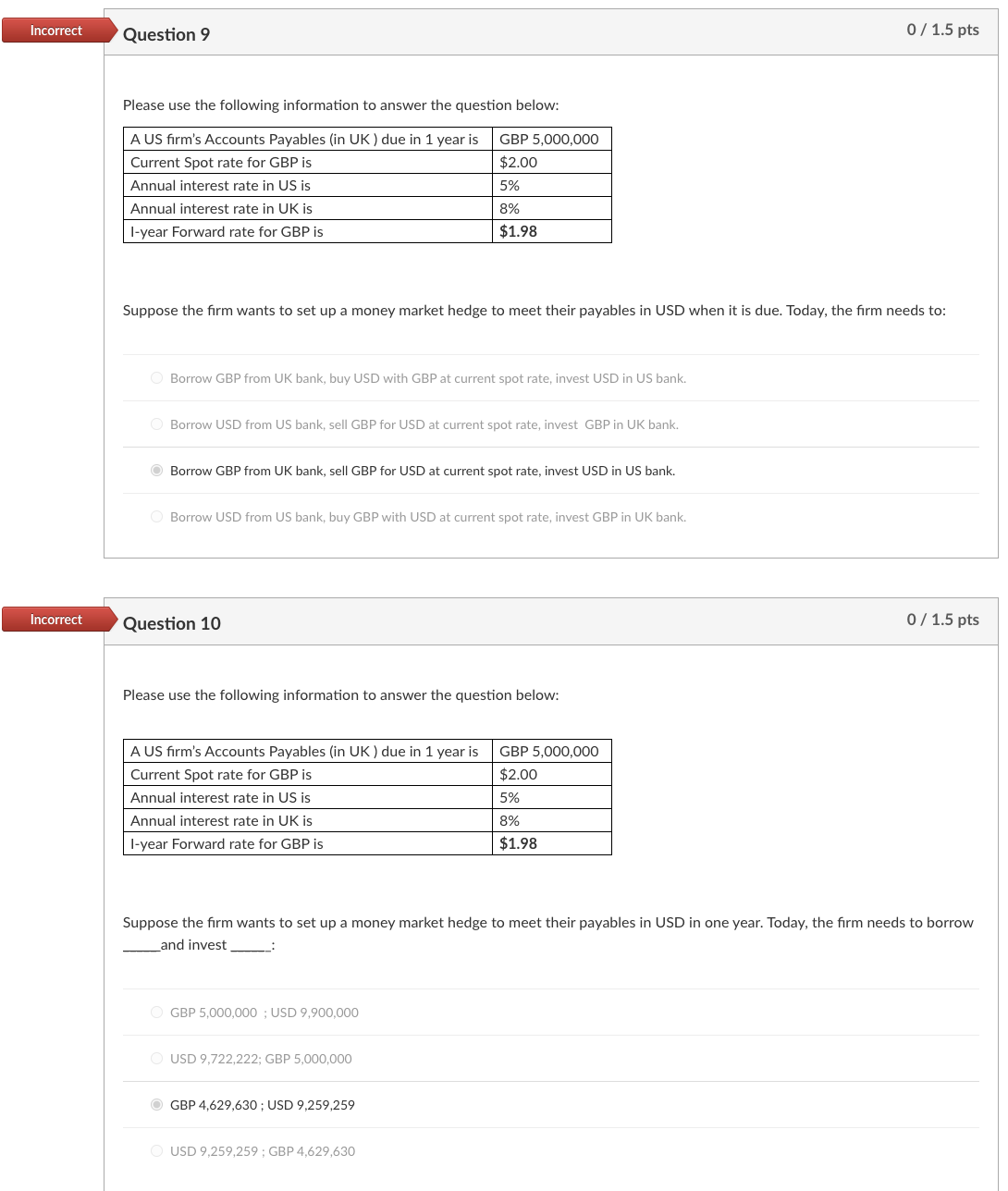  Question 9 Please use the following information to answer the question