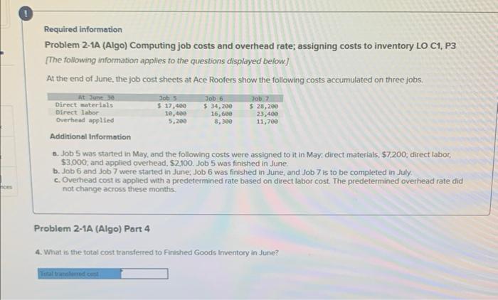 Plz Help! Required information Problem 2-1A (Algo) Computing job costs and overhead