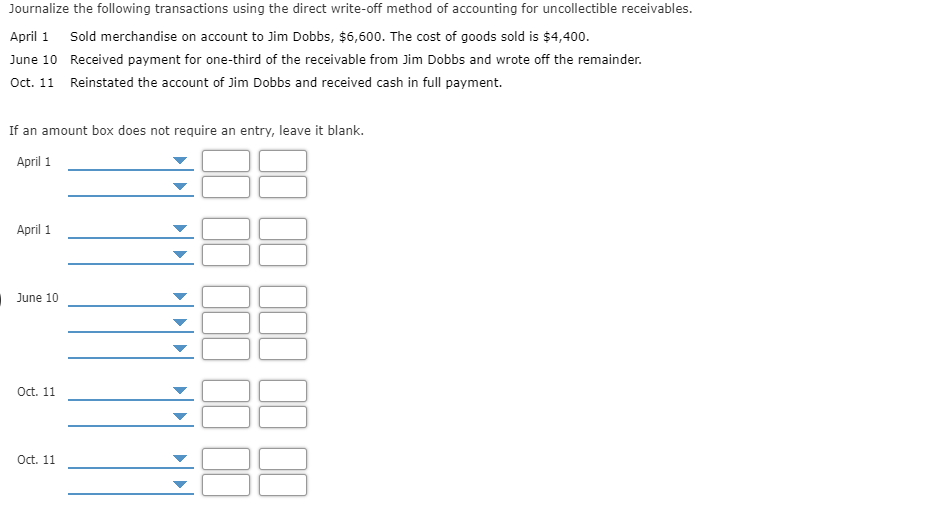 for uncollectible receivables. April 1 Sold merchandise on account to Jim Dobbs,