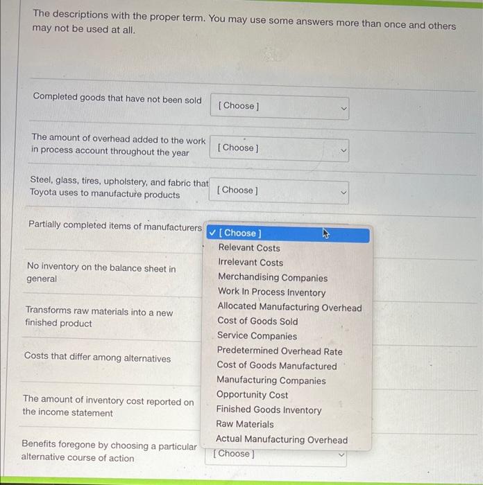  The descriptions with the proper term. You may use some answers