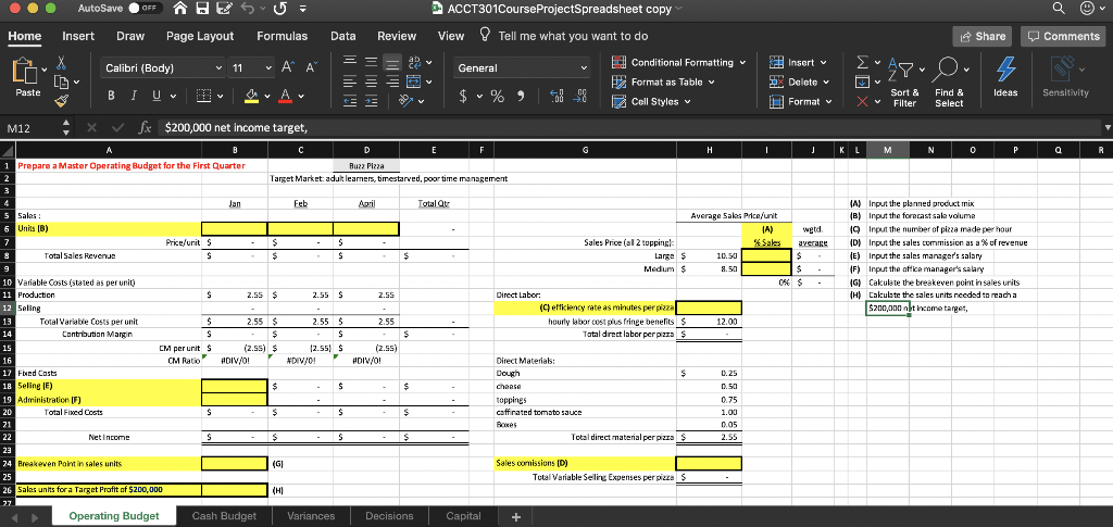 Deliverable #1 The Operating Budget (Week 3) Input the sales volume, as