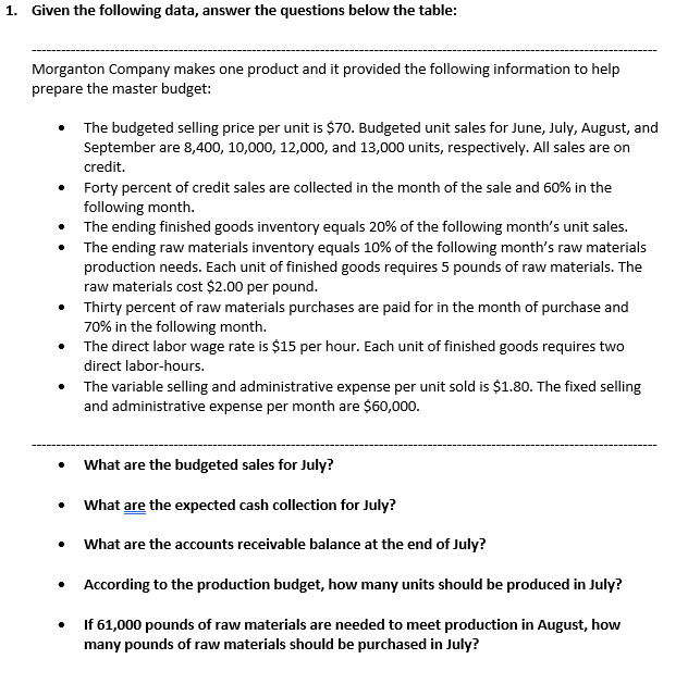  1. Given the following data, answer the questions below the table: