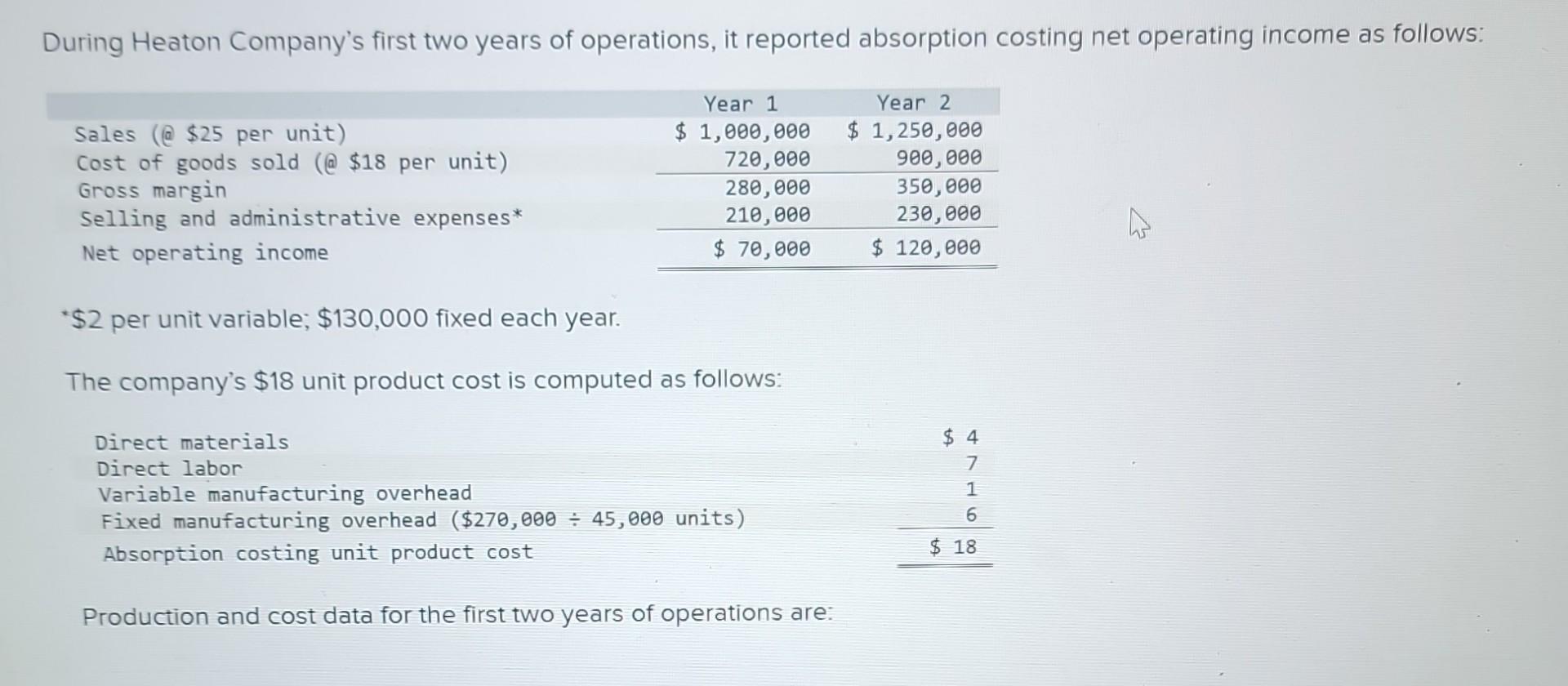  What is the variable costing net operating income in Year 1
