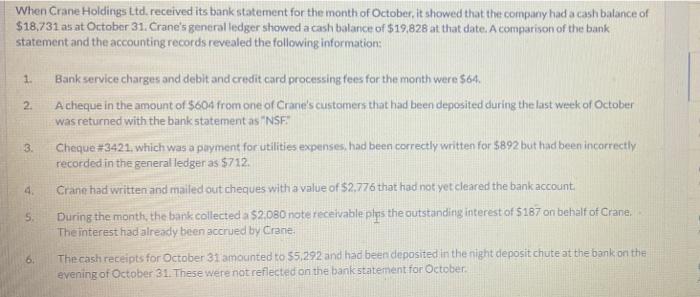  When Crane Holdings Ltd. received its bank statement for the month