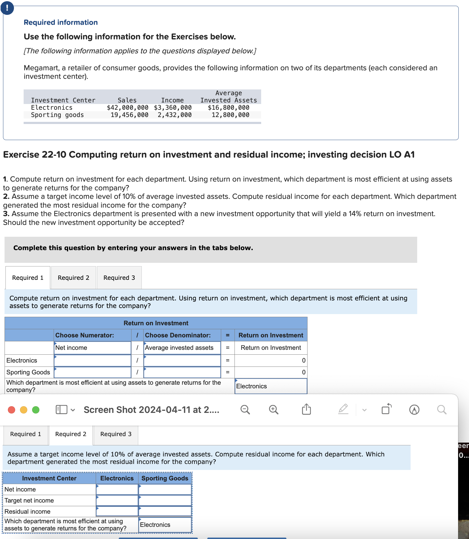  Exercise 22-10 Computing return on investment and residual income; investing decision