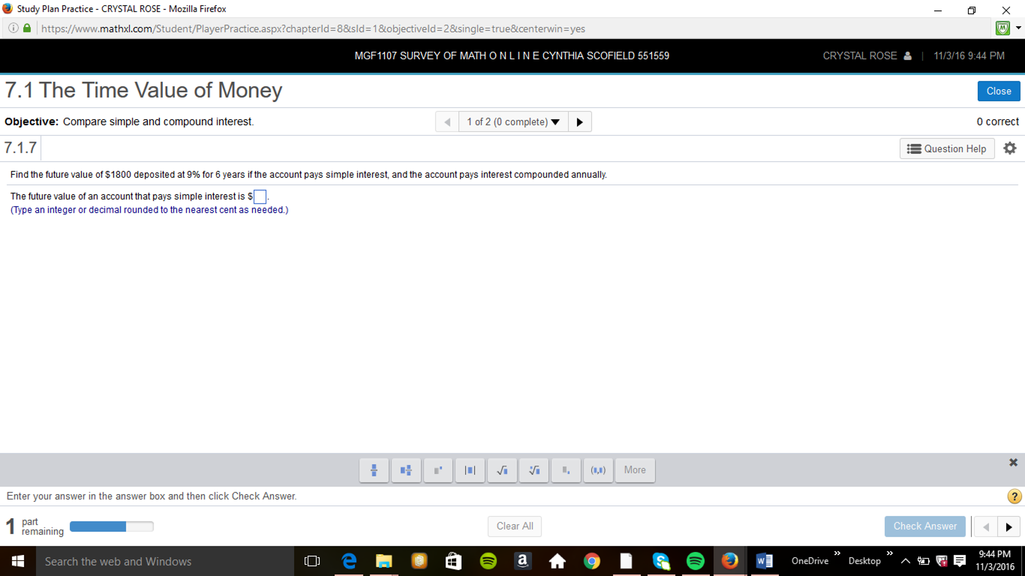  e Study Plan Practice CRYSTAL ROSE Mozilla Firefox https://www. mathxl.com /Student/PlayerPractice.aspx?chapterld