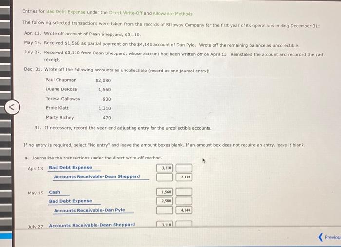  Entries for Bad Debt Expense under the Direct Write-off and Allowance