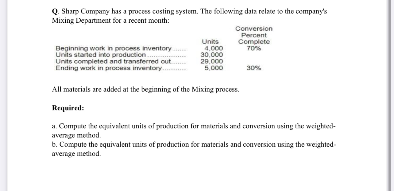  Q. Sharp Company has a process costing system. The following data