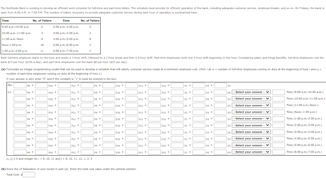 The Northside Bank is working to develop an efficient work schedule for