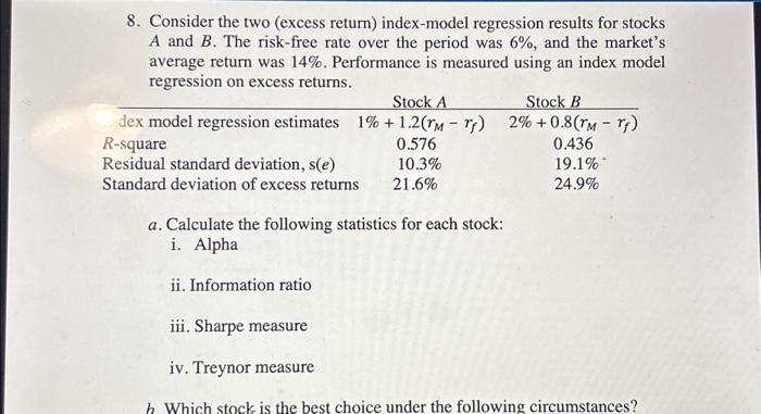  8. Consider the two (excess return) index-model regression results for stocks