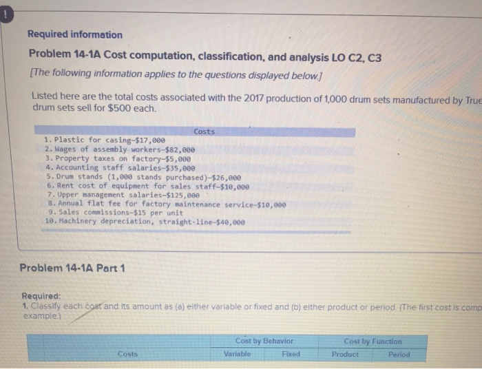  Required information Problem 14-1A Cost computation, classification, and analysis LO C2,
