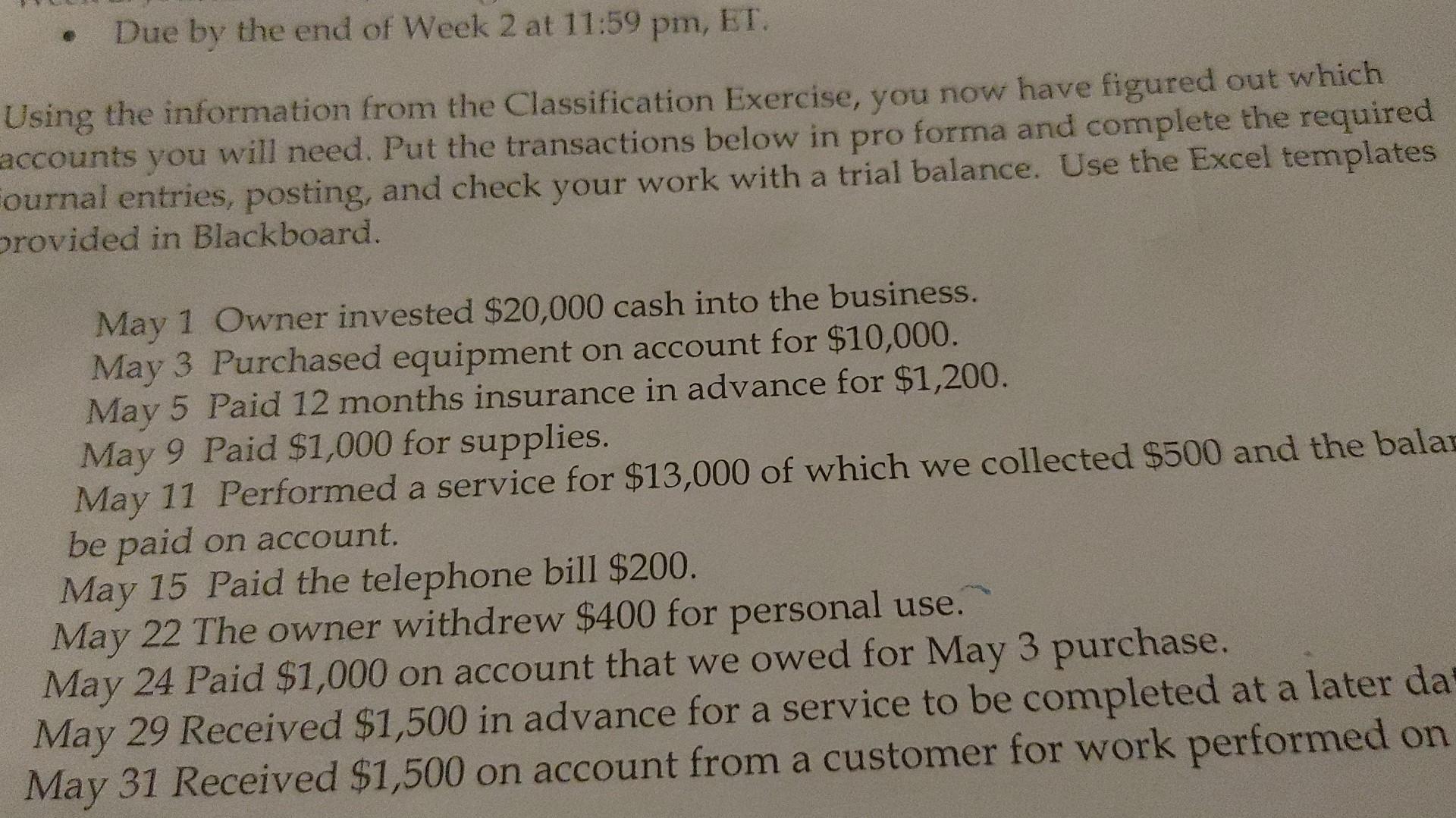 Trial Balance Using the information from the Classification Exercise, you now have