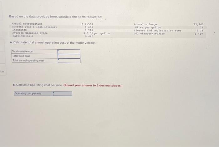 depreciation Current year's loan interest Insurance Average gasoline price Parking/tolls a. Calculate