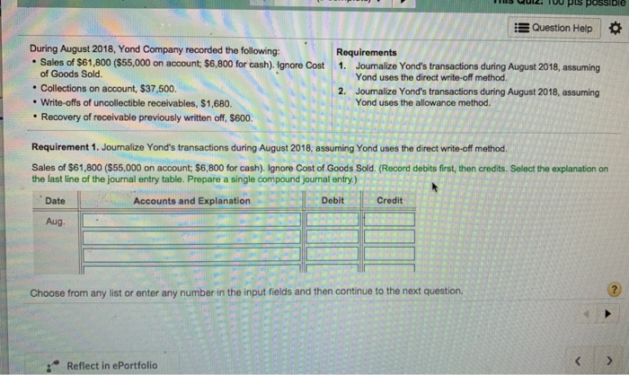  pts possible Question Help During August 2018, Yond Company recorded the