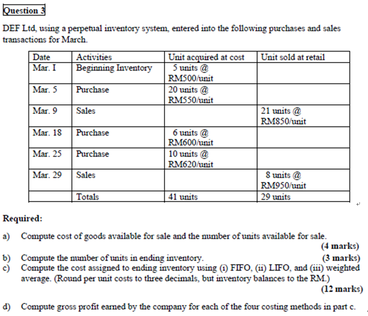 Question 3 DEF Ltd, using a perpetual inventory system, entered into