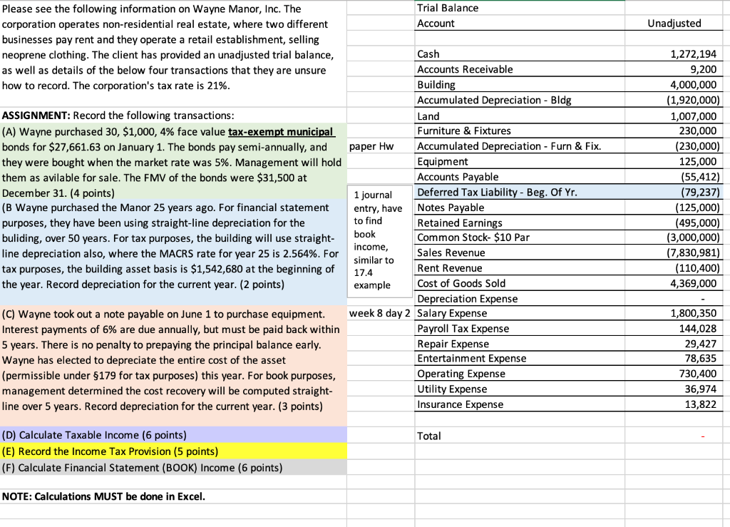 (D) Calculate Taxable Income (6 points) Total (E) Record the Income
