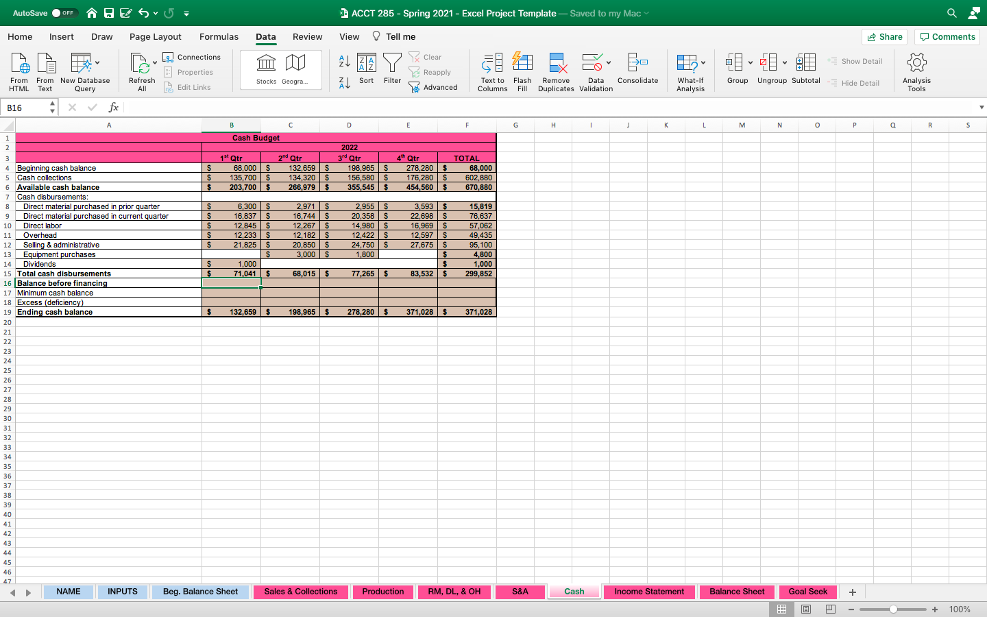 Need help on Balance before financing, Minimum cash balance, and excess. AutoSave