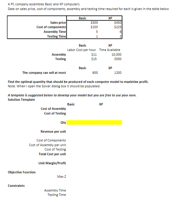 A PC company assembles Basic and XP computers. Data on sales