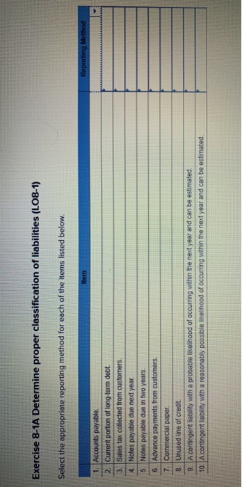  Exercise 8-1A Determine proper classification of liabilities (LO8-1) Select the appropriate