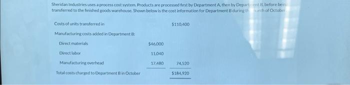  Sheridan industries uses a process cost system. Products are processed first