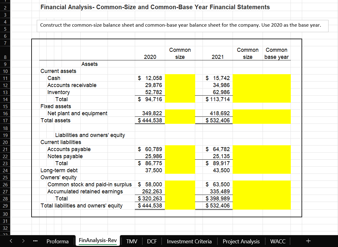 Construct the common-size balance sheet and common-base year balance sheet for the