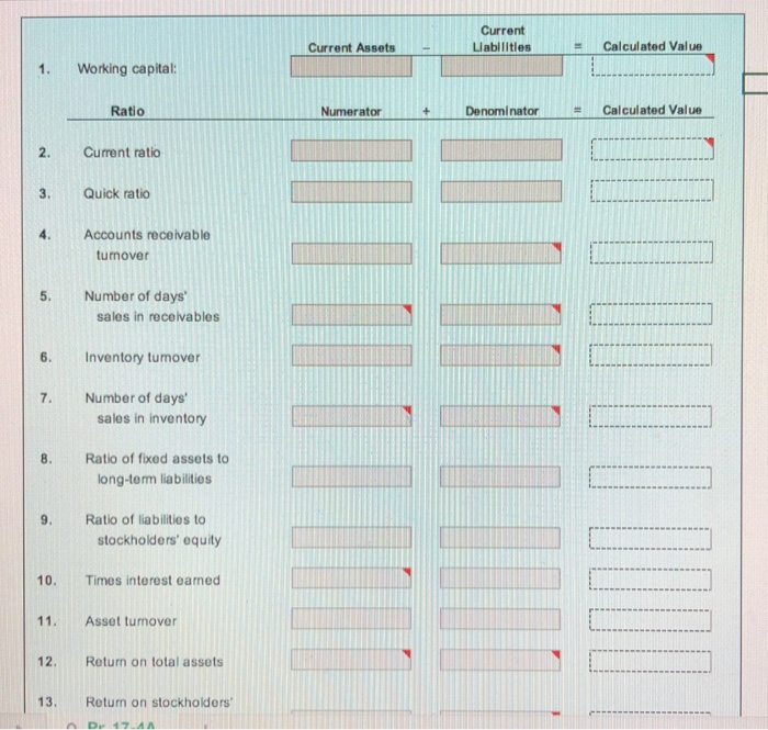  Current Current AssetsLabilitles Calculated Value 1. Working capital: Ratio Numerator DenominatorCalculated