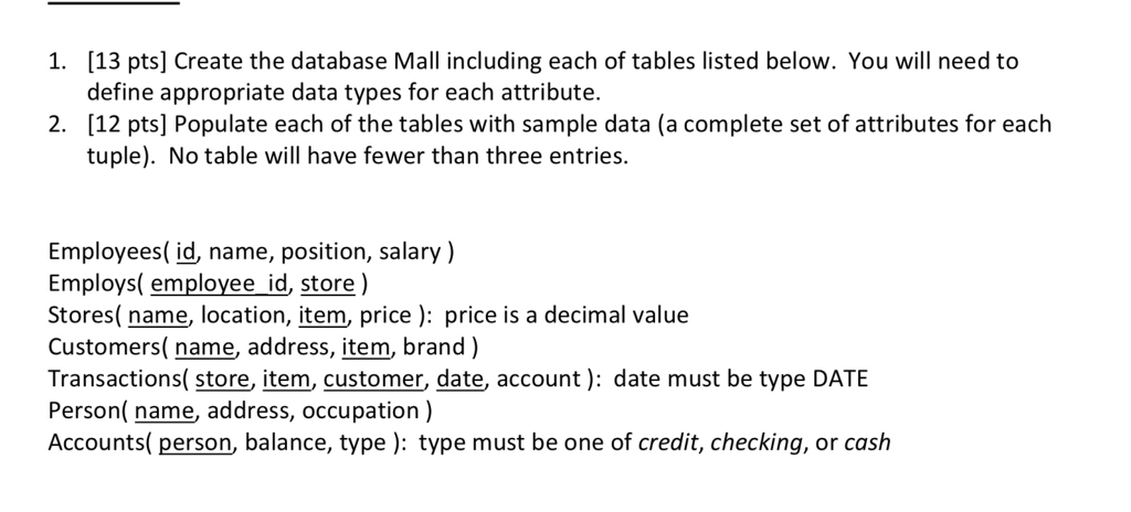SQL** [13 pts] Create the database Mall including each of tables listed