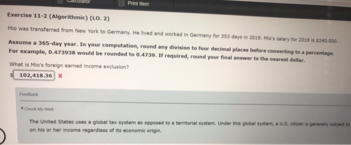  Print Item Exercise 11-2 (Algorithmic) (LO. 2) Mlo was transferred from