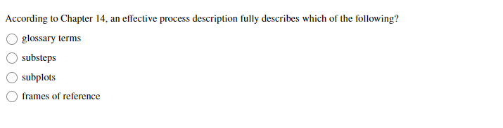  According to Chapter 14, an effective process description fully describes which