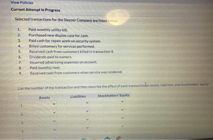  View Policies Current Attempt in Progress Selected transactions for the Sleezer