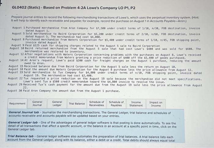  GL0402 (Static) - Based on Problem 4-2A Lowe's Company LO P1,