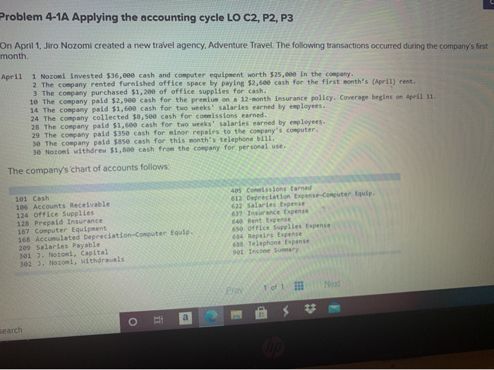  Problem 4-1A Applying the accounting cycle LO C2, P2, P3 On