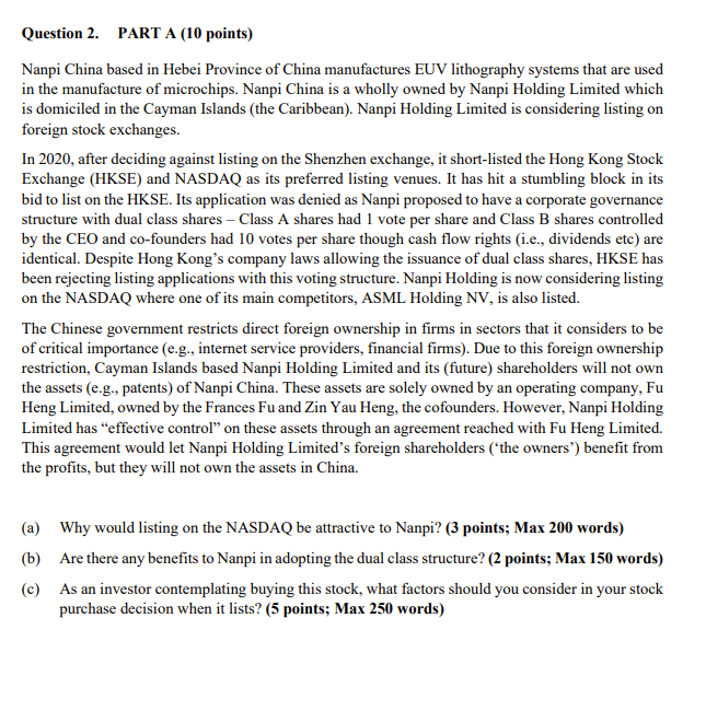 Question 2. PART A (10 points) Nanpi China based in Hebei