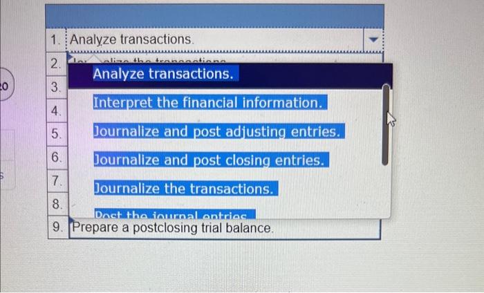 Analyze transactions. 2. Analyze transactions. 3. Interpret the financial information. 5. Journalize