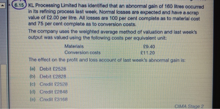 I need help solving this Management Accounting question 6.15 KL Processing Limited